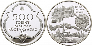 Венгрия 500 форинтов 1990 две столицы короля Матиаса, тираж 15000 экземпляров KM 680 серебро PROOF 1071-10-62