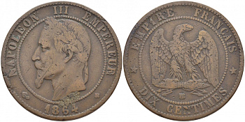 ФРАНЦИЯ 10 САНТИМОВ 1864 BB, НАПОЛЕОН III (1852-1870) KM 798.2, LA FRANC 134.12 бронза 114-1215
