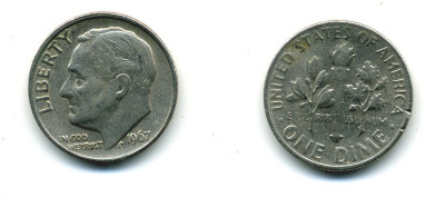 США 10 центов (дайм) 1967 Рузвельт KM 195а медь плакированная медно-никелем 4364-346