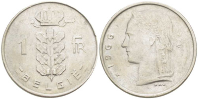 БЕЛЬГИЯ 1 ФРАНК 1966 BELGIE, БОДУЭН I (1951-1993) KM 143.1 медно-никель 213-335