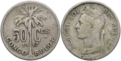 Бельгийское Конго 50 сантимов 1927 пальма KM 22 медно-никель 27-1141