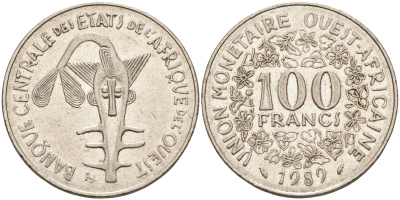 Валютное сообщество стран Западной Африки 100 франков 1989  KM 4 никель 4595-814
