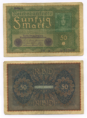 ГЕРМАНИЯ 50 МАРОК 1919 24 ИЮНЯ 1919, REIHE I, СЕРИЯ TQ, ВЫПУСК С НОЯБРЯ 1919 ГОДА Pick 66, Rosenberg 62аа бумага 7147-8-1