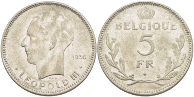 Бельгия 5 франков 1936 Леопольд III (1934-1951), Belgique KM 118 никель 3851-444