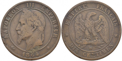 ФРАНЦИЯ 10 САНТИМОВ 1864 BB, НАПОЛЕОН III (1852-1870) KM 798.2, LA FRANC 134.12 бронза 114-1215