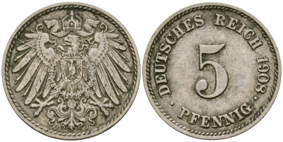 Германия 5 пфеннигов 1908 J KM 11, Jager 12, Weege 6 медно-никель 4364-4544