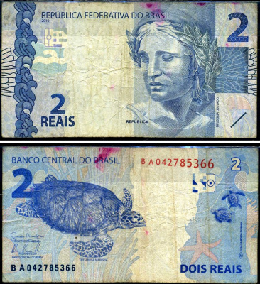 Бразилия 2 реала 2010 голова Республики, морские черепахи Pick 252 a бумага 7221-50-3-1