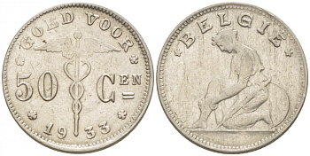 БЕЛЬГИЯ 50 САНТИМОВ 1933 BELGIE KM 88 никель 3996-1231