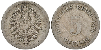 Германия 5 пфеннигов 1876 D, старогербовка KM 3, J. 3 медно-никель 51-3431