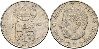 Швеция 1 крона 1962 U, Густав VI Адольф (1950-1973) KM 826 серебро 4150-125