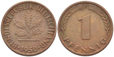 ФРГ 1 ПФЕННИГ 1950 F KM 105, J. 380 сталь плакированная медью 116-355