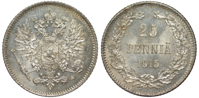 Россия для Финляндии 25 пенни 1915 S, Николай II (1894-1917) KM 6.2, Биткин 420 серебро 75-1219