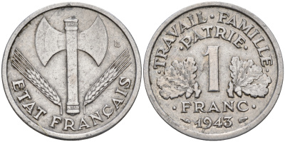 Франция 1 франк 1943 правительство Виши KM 902.1 алюминий    4153-423