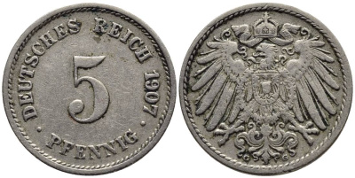 ГЕРМАНИЯ 5 ПФЕННИГОВ 1907 G KM 11, Jager 12, Weege 6 медно-никель 4547-462