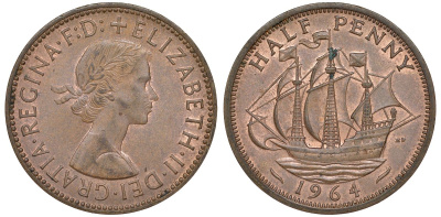 Великобритания 1/2 пенни 1964 Елизавета II (1952-2022) KM 896, Spink 4158 бронза 51-2011