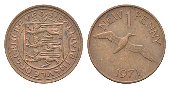 Гернси 1 новый пенни 1971 Елизавета II (1952-2022), северная олуша в полете KM 21 бронза 4702-742