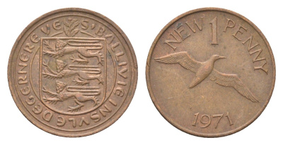 Гернси 1 новый пенни 1971 Елизавета II (1952-2022), северная олуша в полете KM 21 бронза 4702-742