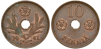 Финляндия 10 пенни 1941 KM 33.1 медь 51-3527