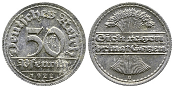 ГЕРМАНИЯ 50 ПФЕННИГОВ 1922 D KM 27, J. 301, Weege 10 алюминий 4380-917