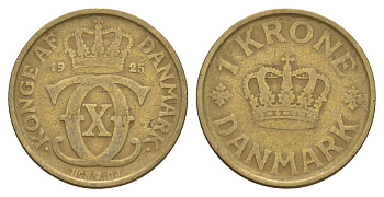 Дания 1 крона 1925 HCN, Кристиан X (1912-1947) KM 824 алюминиевая бронза 4657-323