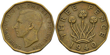 Великобритания 3 пенса 1940 Георг VI (1936-1952) KM 849, Spink 4112 никель латунь 4153-721