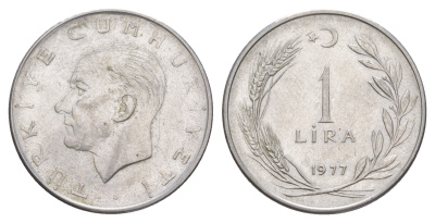 Турция 1 лира 1977 Кемаль Ататюрк KM 889a.2 нержавеющая сталь 4648-754