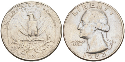 США 25 ЦЕНТОВ = КВОТЕР 1983 D, ВАШИНГТОН KM А164a медь плакированная медно-никелем 190-336