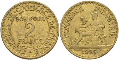 ФРАНЦИЯ 2 ФРАНКА 1925 ТИП CHAMBRES DE COMMERCE KM 877, LE FRANC 267.7 алюминиевая бронза 69-1232