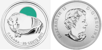 КАНАДА 25 ЦЕНТОВ 2011 СЕРИЯ ЖИВОТНЫЕ КАНАДЫ - БИЗОН, ЦВЕТНАЯ ЭМАЛЬ KM NEW никелированная сталь UNC M47-16