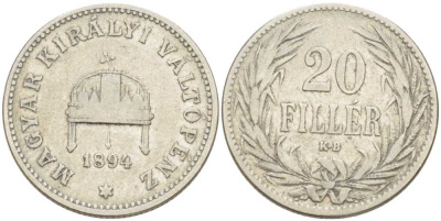 Венгрия 20 филлеров 1894 KB, Франц Иосиф I (1848-1916) KM 483 никель 117-813