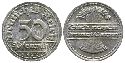 ГЕРМАНИЯ 50 ПФЕННИГОВ 1922 D KM 27, J. 301, Weege 10 алюминий 4380-917