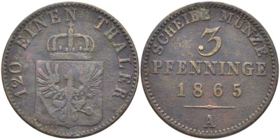 ПРУССИЯ 3 ПФЕННИГА 1865 А, ВИЛЬГЕЛЬМ I (1861-1888) KM 482 медь 117-1115