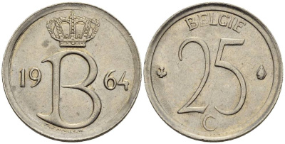 Бельгия 25 сантимов 1964 Belgie, Бодуэн I (1951-1993) KM 154.1 медно-никель 4528-968