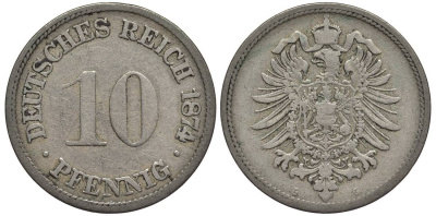 ГЕРМАНИЯ 10 ПФЕННИГОВ 1874 G, СТАРОГЕРБОВКА KM 4, Jager 4, Weege 7 медно-никель 4546-1117