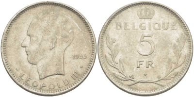 Бельгия 5 франков 1936 Леопольд III (1934-1951), Belgique KM 118 никель 3851-443