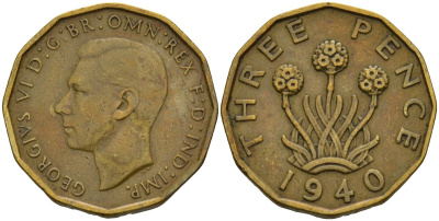 Великобритания 3 пенса 1940 Георг VI (1936-1952) KM 849, Spink 4112 никель латунь 4153-721