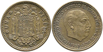 Испания 1 песета 1953 (56) Франциско Франко (1939-1975) KM 775 алюминиевая бронза 110-1127