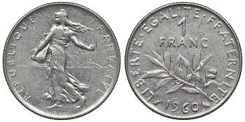 Франция 1 франк 1960 сеятель KM 925.1, Le Franc 226.5 никель 4128-421