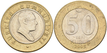 Турция 50 курушей 2005 Кемаль Ататюрк KM 1168 биметалл 75-1851