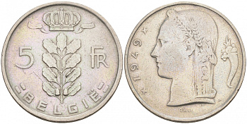 БЕЛЬГИЯ 5 ФРАНКОВ 1949 BELGIE KM 135.1 медно-никель 68-646