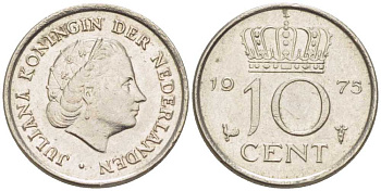 НИДЕРЛАНДЫ 10 ЦЕНТОВ 1975 ЮЛИАНА (1948-1980) KM 182 никель 116-927