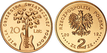 Польша 2 злотых 2012 MW, 20 лет благотворительному Рождественскому оркестру KM 809 нордик UNC 4676-914