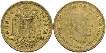 Испания 1 песета 1966 (72) Франсиско Франко (1939-1975) KM 796 алюминиевая бронза 4604-135