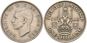 Великобритания 1 шиллинг 1948 Георг VI (1936-1952), Шотландский герб KM 864, Spink 4104 медно-никель 4126-352