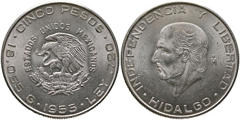 Мексика 5 песо 1955 M, Мигель Идальго, свобода и независимость KM 469 серебро 118-212