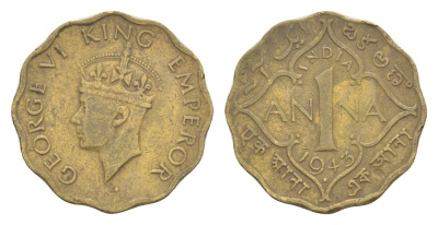 Британская Индия 1 анна 1943 Георг VI (1936-1952) KM 537a никель латунь 4649-339