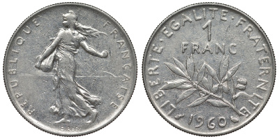 Франция 1 франк 1960 сеятель KM 925.1, Le Franc 226.5 никель 4128-421
