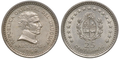 Уругвай 25 сентесимо 1960 KM 40 медно-никель 4169-1035