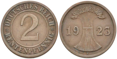 ГЕРМАНИЯ 2 РЕНТЕНПФЕННИГА 1923 F KM 31, J. 307 бронза 206-1157