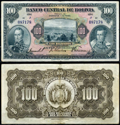 Боливия 100 боливиано 1928 серия J, Симон Боливар и Антонио Хосе Сукре Pick 125 a (6)  бумага   6285-46-1-1